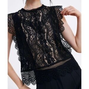 Zara Black Sheer Crochet Eyelet Lace Sleeveless Blouse S